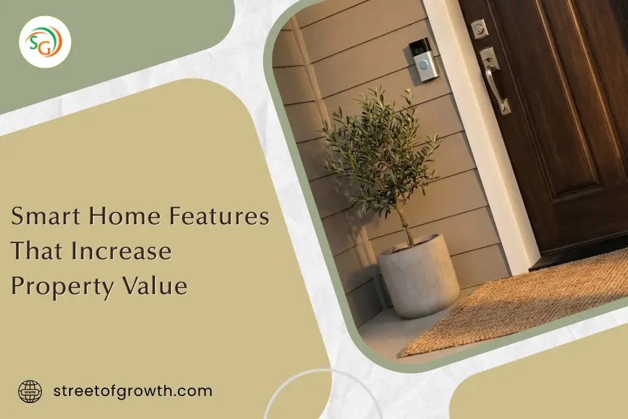 Smart video doorbell installed on a front porch next to a wooden door and potted plant, illustrating smart home features that increase property value.