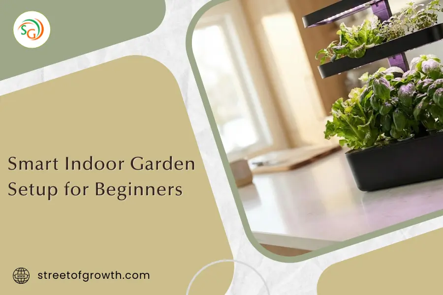 Hydroponic planter with LED grow lights sitting on a kitchen counter, illustrating a smart indoor garden setup for beginners to grow fresh greens.