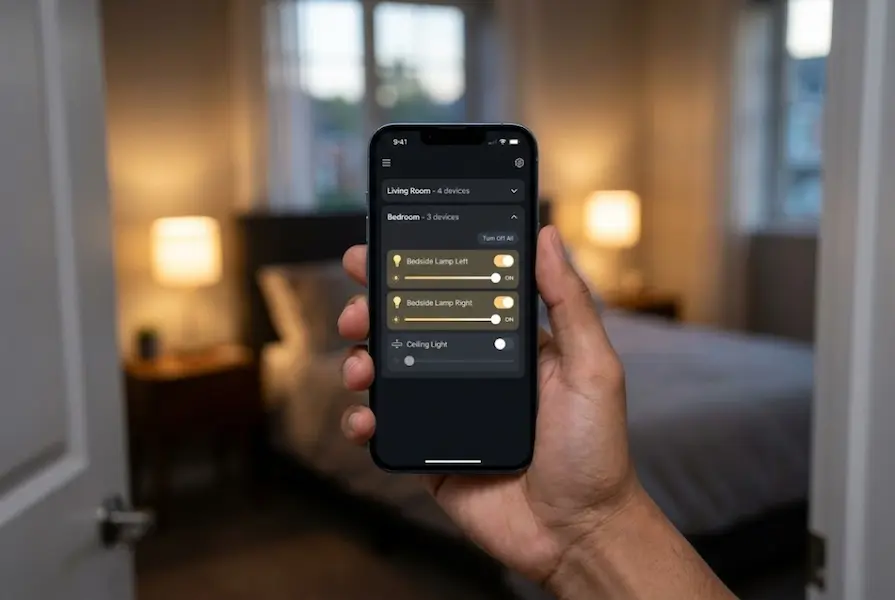 Close-up of a hand holding a smartphone displaying a smart home app interface to control devices, with warm smart bulbs glowing in the blurred bedroom background, demonstrating remote lighting control.
