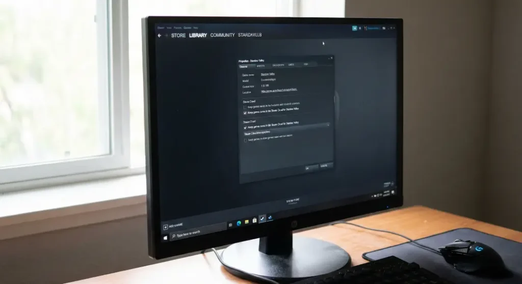 A computer monitor displaying the Steam client properties window for Stardew Valley, showing the General tab with Steam Cloud synchronization options enabled for game save backups.