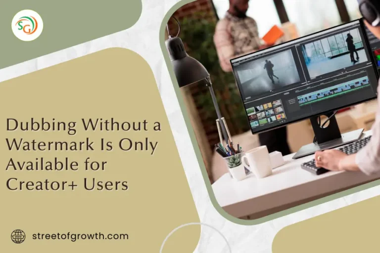 Graphic design displaying the text dubbing without a watermark is only available for creator+ users next to a photographer editing video footage on a dual-monitor computer setup.
