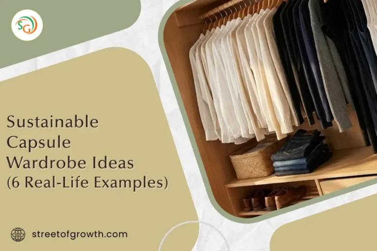 Sustainable capsule wardrobe ideas showing a neatly organized minimalist closet with neutral clothing pieces and folded jeans.