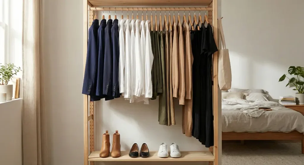 A carefully curated minimalist capsule wardrobe displayed in an open closet, showing 30 color-coordinated pieces in navy, olive, and tan, organized neatly to represent a sustainable fashion lifestyle.