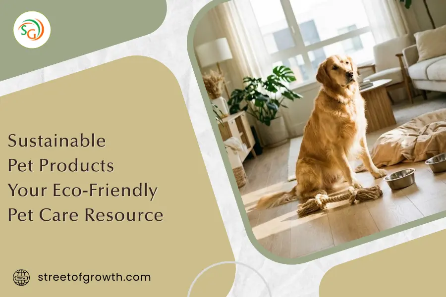Golden retriever sitting on a wooden floor in a sunlit room, illustrating sustainable pet products and an eco-friendly pet care resource.