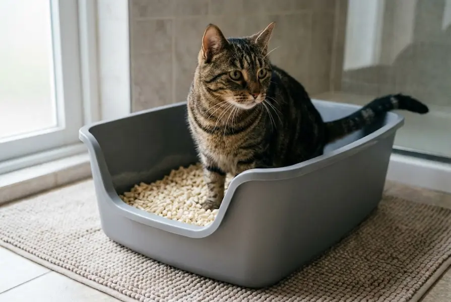 An adult tabby cat standing comfortably in a modern gray litter box filled with cream-colored biodegradable tofu litter pellets, demonstrating the texture and usage of eco-friendly cat litter.