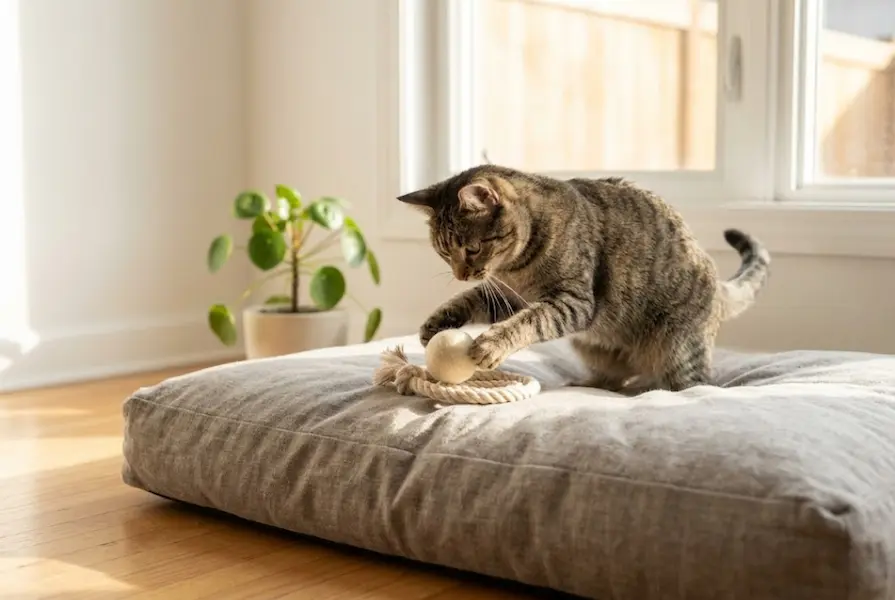 A tabby cat playing with a natural wool toy while sitting on a gray organic linen pet bed in a sunlit modern room with hardwood floors.