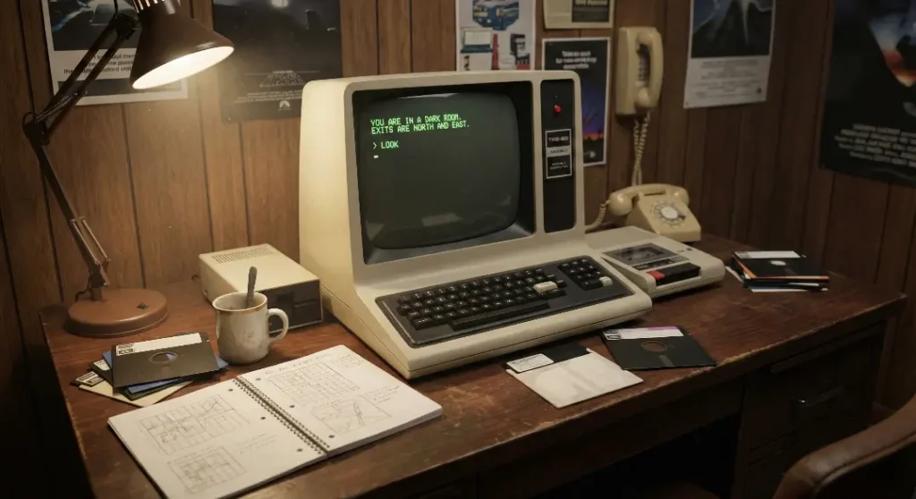 A vintage 1970s TRS-80 computer setup displaying the original text game, the classic source material now played via the ScottFree Interpreter for Adventureland on modern systems.