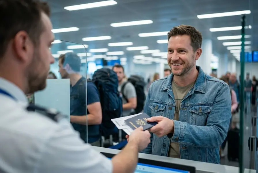 A smiling male traveler in a denim jacket handing his US passport and boarding documents to a border control officer at a busy airport immigration checkpoint.