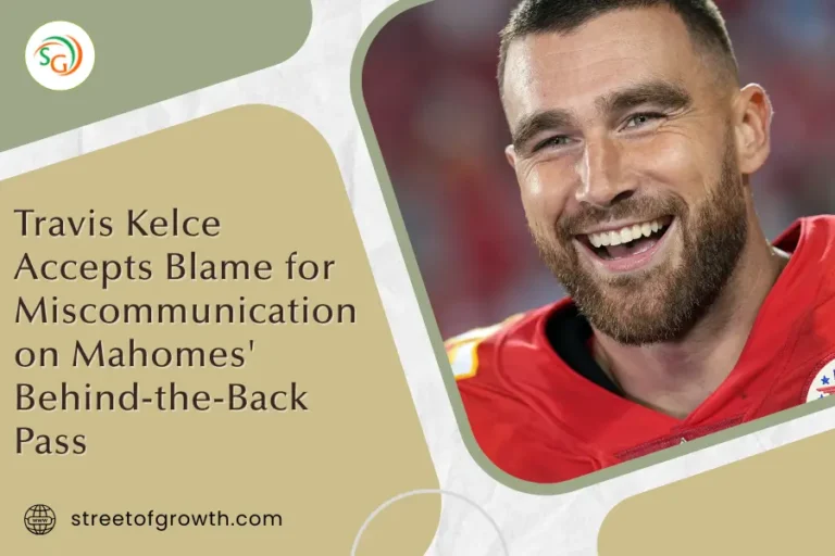 Close-up photo of a smiling Travis Kelce in his Chiefs uniform with text stating "Travis Kelce Accepts Blame for Miscommunication on Mahomes' Behind-the-Back Pass.