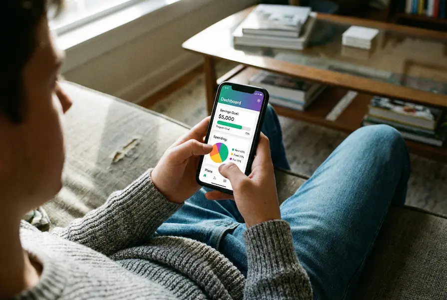 Point-of-view shot of a young person’s hands holding a smartphone displaying a financial app with colorful savings charts and progress bars, taken in a casual home setting with natural lighting.