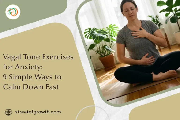 Woman sitting cross-legged with hands on her chest and stomach, practicing vagal tone exercises for anxiety to calm down fast.