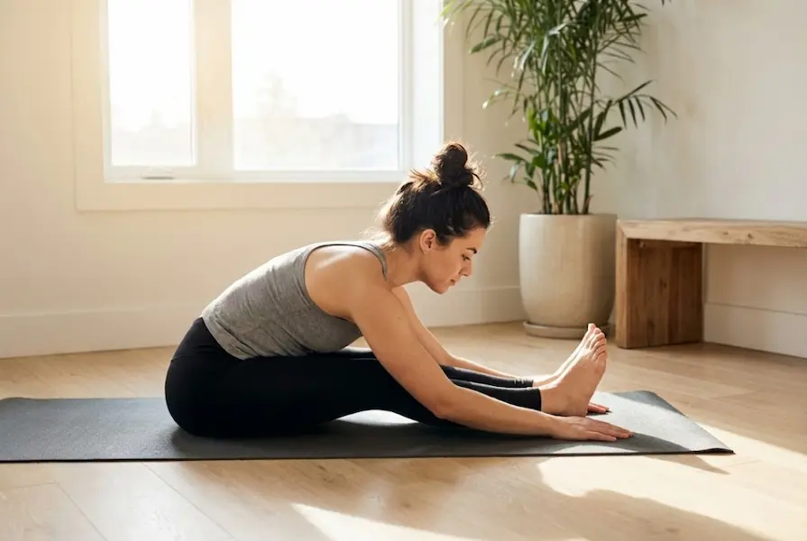 Woman in activewear performing a standing forward fold stretch on a yoga mat in a bright, minimalist living room with morning sunlight streaming through the window.