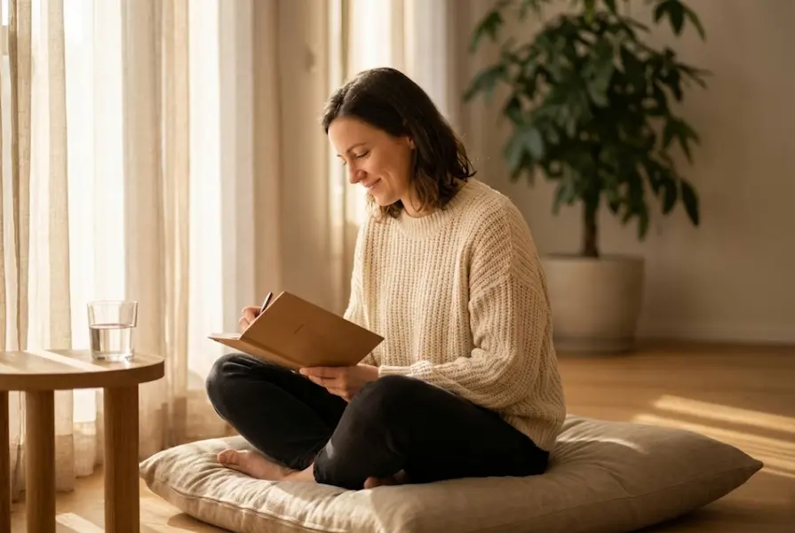 Serene woman in a cozy sweater sitting cross-legged near a sunny window, writing in a notebook with a glass of water nearby as part of a peaceful morning routine.