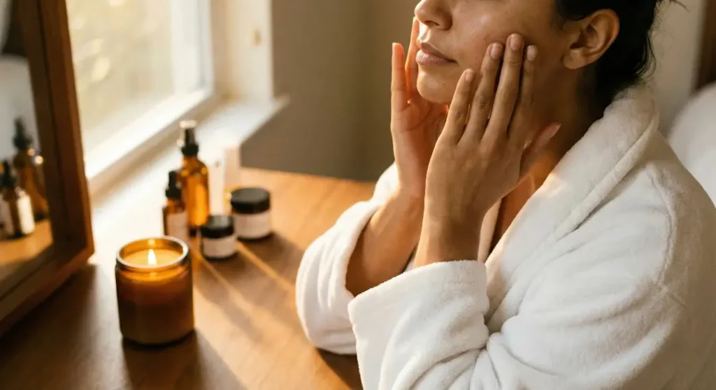 A woman in a white robe performs a facial massage with her hands after applying oil, seated at a vanity with a lit candle and skincare products in warm window light.