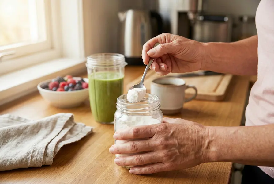 Close-up of a middle-aged woman's hands scooping white creatine powder from a glass jar on a kitchen counter, with fresh fruit and a coffee mug visible in the soft morning light.