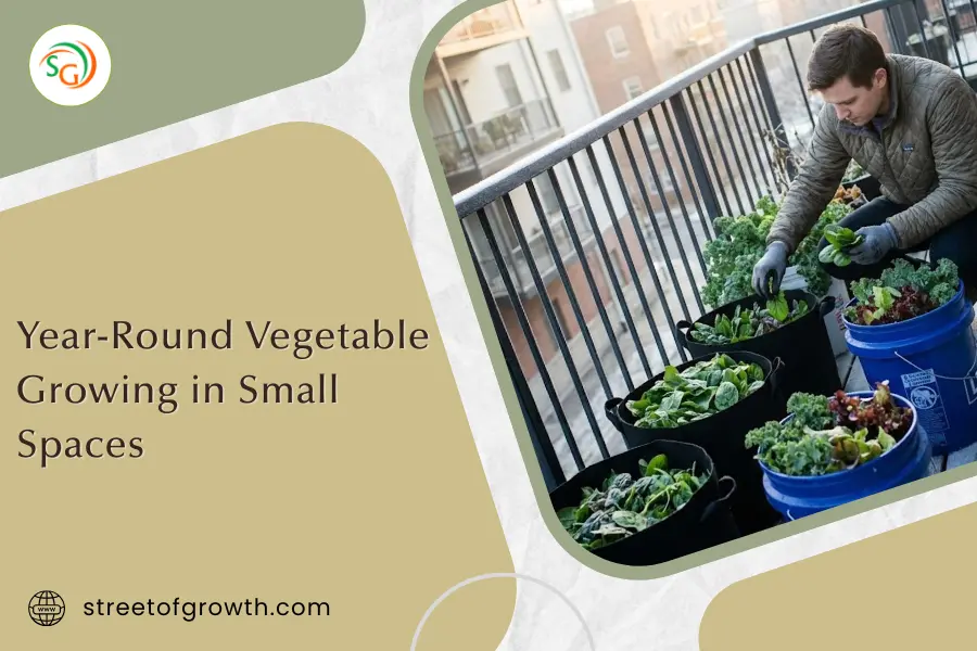 Man tending to leafy greens in blue buckets on a balcony, illustrating year-round vegetable growing in small spaces for urban gardeners.