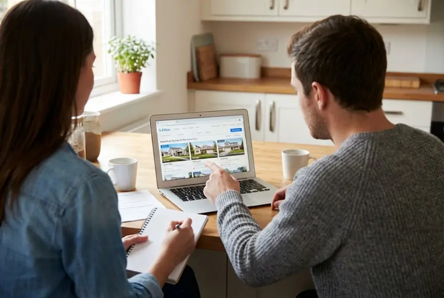 Over-the-shoulder view of a couple in a modern kitchen using a laptop to browse real estate listings on a house hunting website.