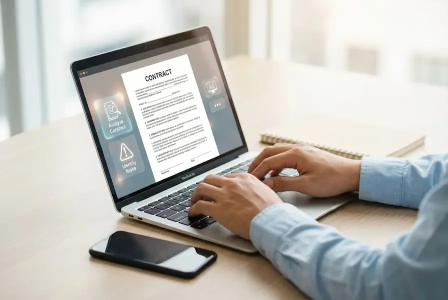 Close-up of professional hands typing on a MacBook displaying a digital contract with AI analysis tools, situated on a clean minimalist desk.