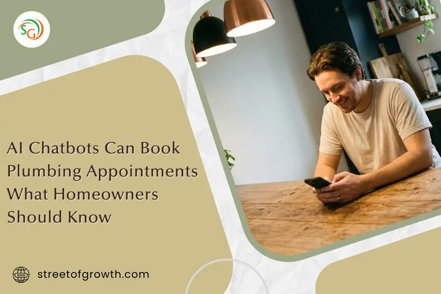 Smiling man looking at his smartphone at a wooden table, illustrating how AI chatbots can book plumbing appointments for homeowners.