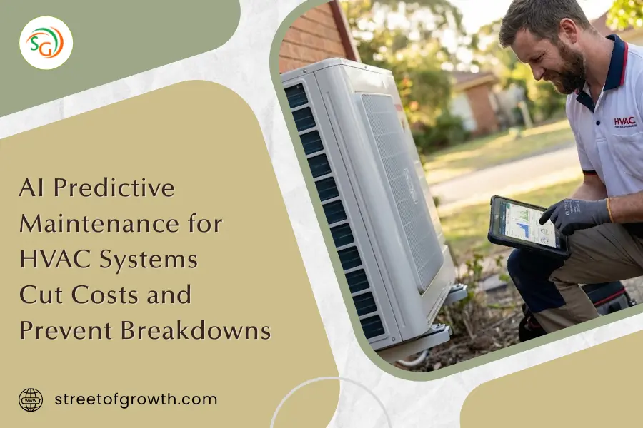 Technician checking data on a tablet next to an outdoor AC unit, illustrating AI predictive maintenance for HVAC systems to cut costs.