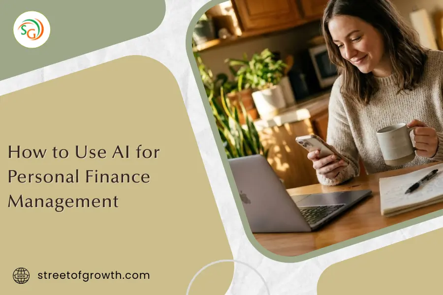 Smiling woman holding a coffee mug and phone while looking at a laptop, illustrating how to use AI for personal finance management effectively.
