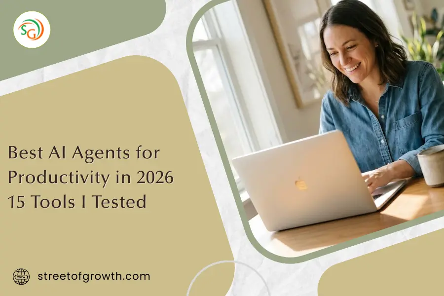 Smiling woman working on a laptop at a wooden desk near a window, illustrating the best AI agents for productivity in 2026 and a review of 15 tools.
