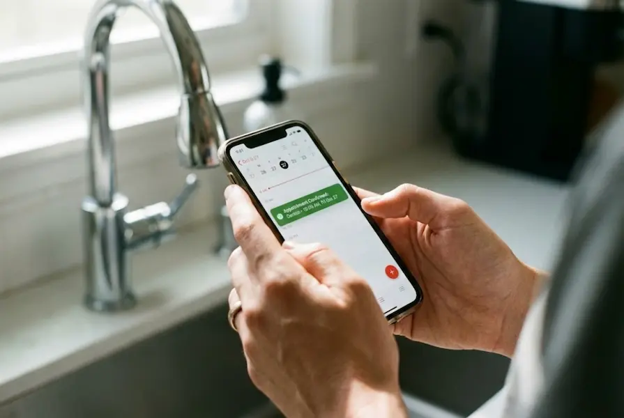 Close-up of hands holding a smartphone displaying a confirmed calendar appointment for plumbing services with a kitchen sink in the background.