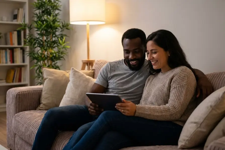 Young diverse couple sitting comfortably on a living room couch, smiling while looking at a tablet screen together under warm evening lighting, suitable for family finance or lifestyle concepts.