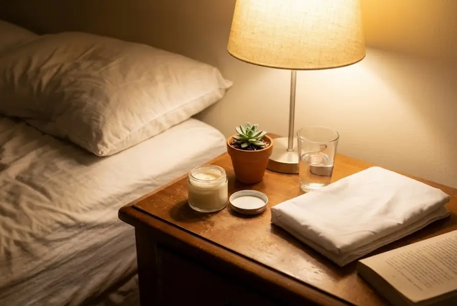 Warmly lit nightstand featuring an open jar of moisturizer, a glass of water, and a reading light next to a bed, illustrating a calming pre-sleep environment.