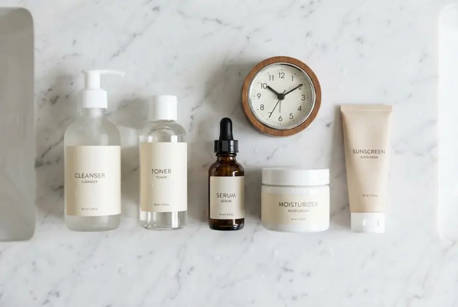 Overhead view of essential skincare products arranged in application order on a white marble bathroom counter, featuring a cleanser, toner, serum, and moisturizer.