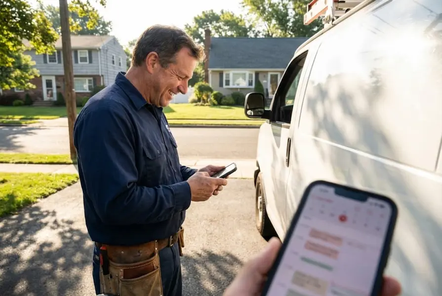 A professional male electrician standing next to a white service van in a suburban driveway, checking his daily job schedule on a smartphone screen during a sunny morning.