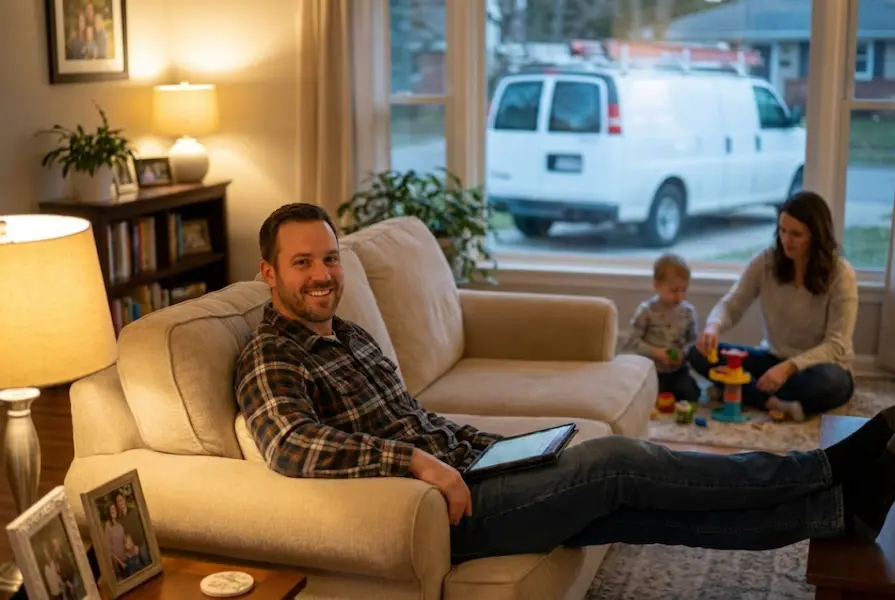 An electrician relaxing on a beige couch with a tablet in the evening, while his wife and child play in the background and his work van is visible parked outside through the window.