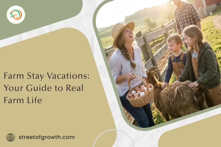 Smiling woman and children petting a goat near a wooden fence, illustrating a guide to farm stay vacations and real farm life experiences.