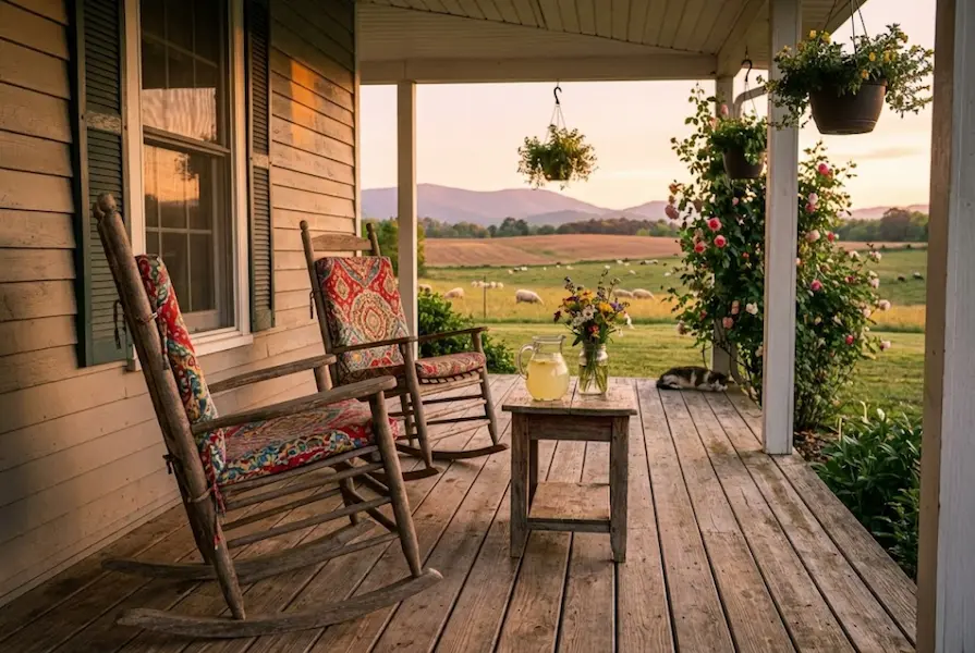 Wooden rocking chairs on a rustic farmhouse porch at sunset overlooking grazing sheep and mountains, with lemonade and fresh flowers on a side table.