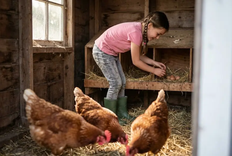 A 7-year-old girl in jeans and pink t-shirt collecting fresh brown eggs from a wooden nesting box in a straw-filled chicken coop with hens nearby.