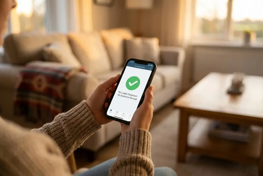 Person holding a smartphone displaying a smart home app with a green checkmark and "No Leaks Detected" notification in a living room setting.