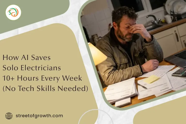Tired man rubbing his face while sitting at a table with invoices and a calculator, illustrating how AI saves solo electricians time on paperwork.