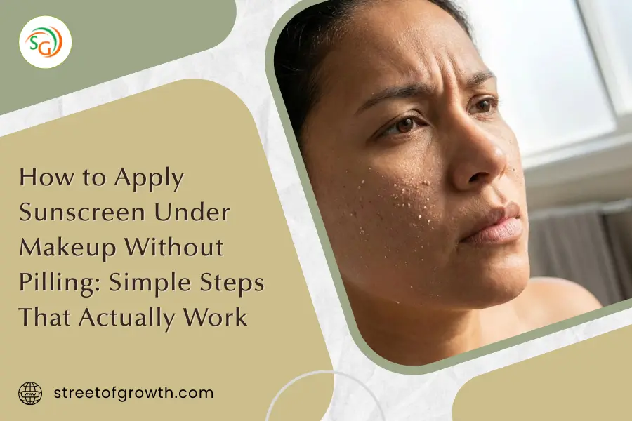 Close-up of a woman with skincare pilling on her face, illustrating a guide on how to apply sunscreen under makeup without pilling.