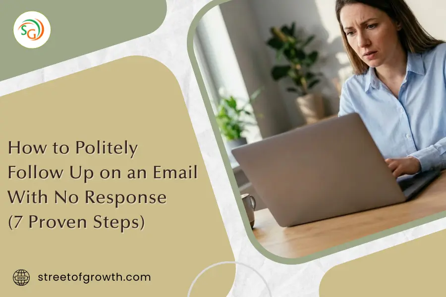 Woman looking concerned while typing on a laptop, illustrating a guide on how to politely follow up on an email with no response.