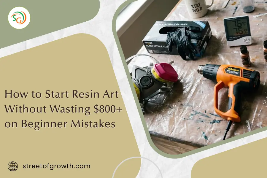 Resin art workspace featuring a heat gun, respirator mask, and gloves on a plastic-covered table, illustrating how to start resin art without expensive mistakes.