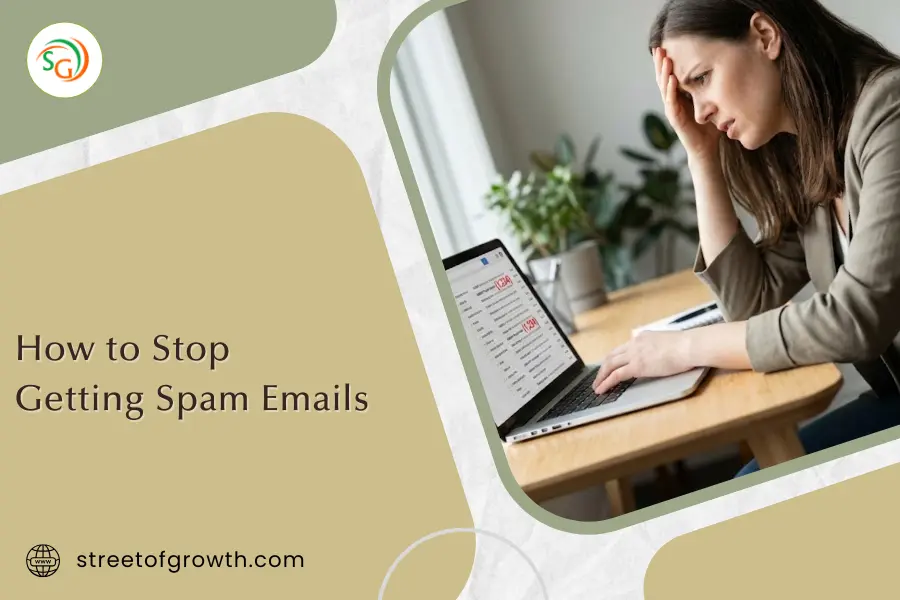 Stressed woman looking at a laptop with a cluttered inbox, illustrating a guide on how to stop getting spam emails and clean up digital mess.