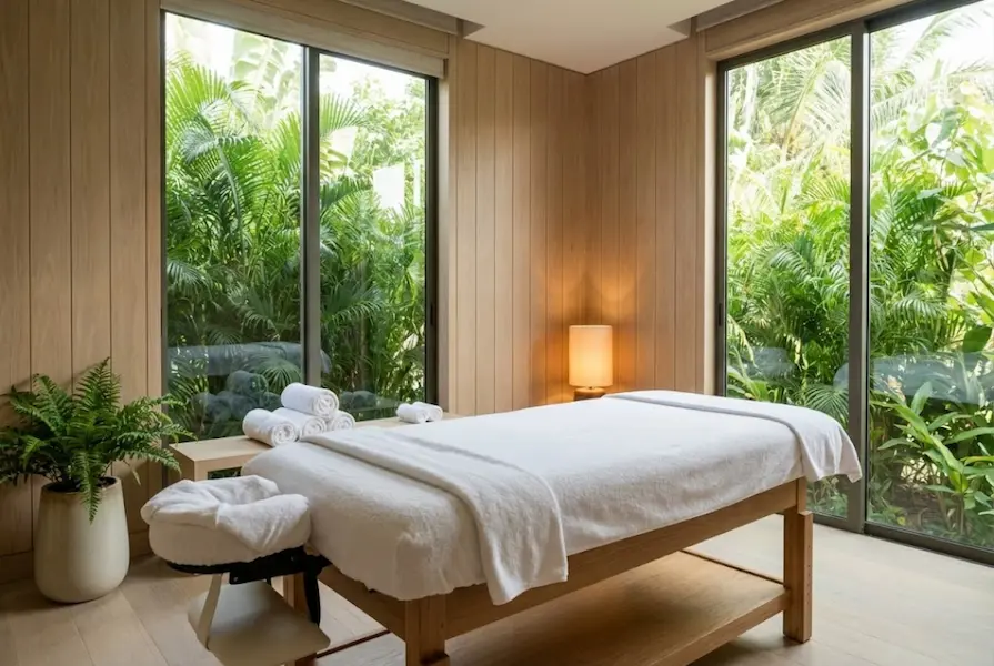 A serene massage treatment room in a luxury wellness resort featuring a massage table with fresh white towels, warm wooden interiors, and large windows overlooking lush tropical greenery and natural daylight.