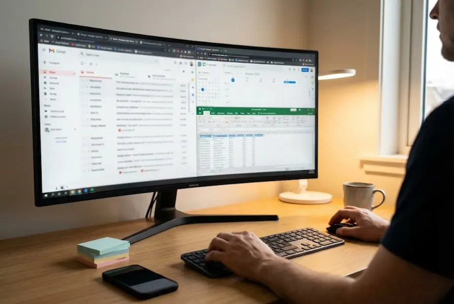 Over-the-shoulder view of a person working in a minimalist home office, typing on a keyboard with a large monitor displaying email, calendar, and spreadsheet applications.