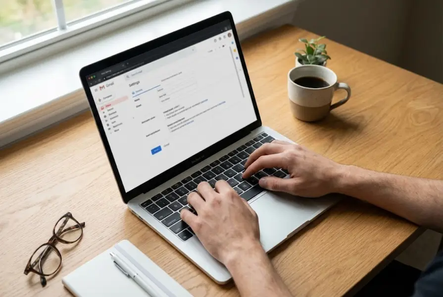 Overhead view of a clean wooden desk workspace with a person typing on a MacBook laptop displaying email settings, accompanied by a coffee cup and natural window lighting.