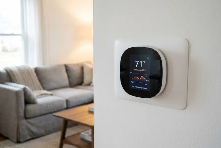 Close-up of a digital smart thermostat mounted on a white wall displaying 71 degrees and energy data, with a blurred modern living room background.
