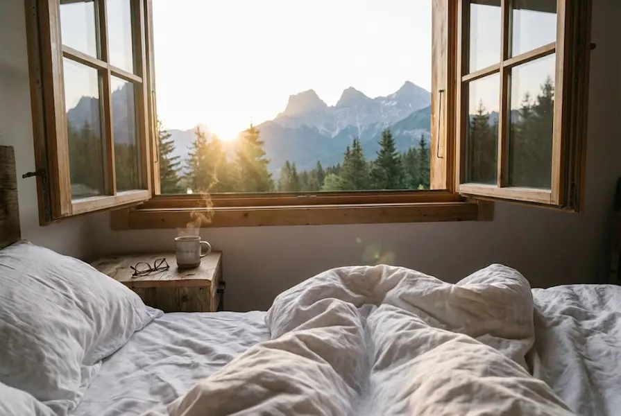 First-person point of view from a cozy bed with white linens, showing a steaming cup of coffee on a wooden nightstand and a sunrise over mountain peaks and pine trees visible through an open window.