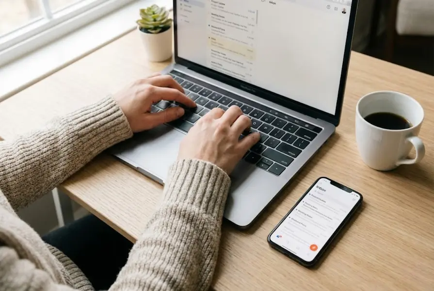 Close-up of hands typing on a laptop keyboard next to a smartphone displaying a decluttered, organized email inbox in a minimalist, sun-lit workspace.
