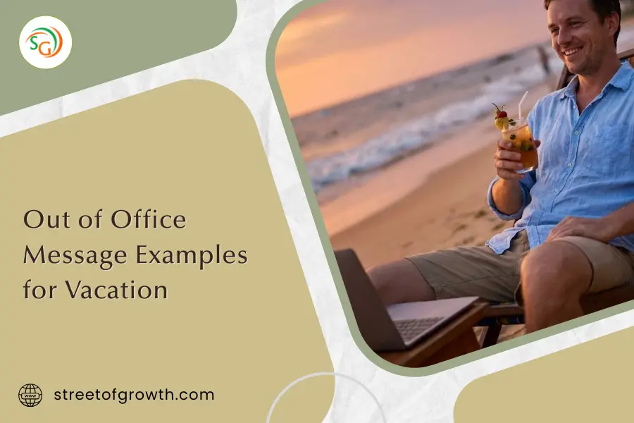 Man relaxing on a beach chair with a cocktail and a laptop, illustrating out of office message examples for vacation and remote work balance.