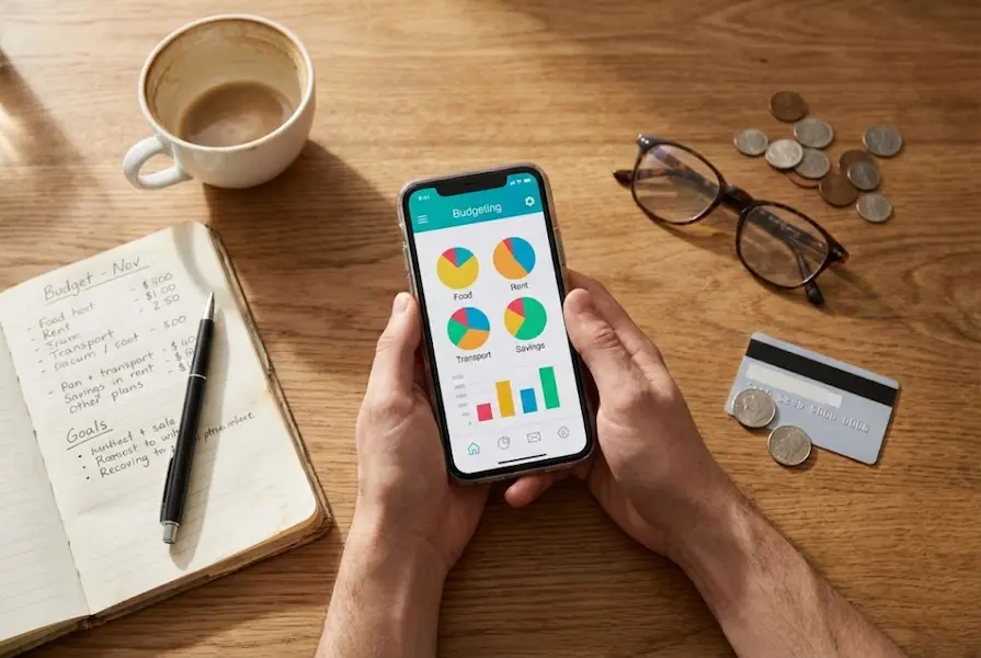 Overhead view of hands holding a smartphone displaying a budgeting app with colorful expense charts, resting on a wooden desk surrounded by a notebook, pen, glasses, and a coffee cup for financial planning.