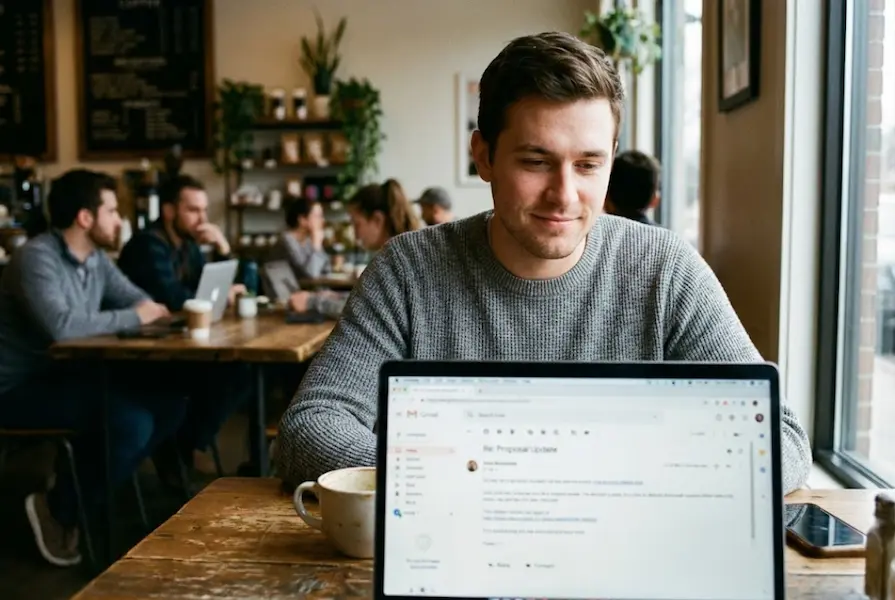 Young professional man sitting at a cafe table looking relieved and smiling while reading a positive email response on his laptop.